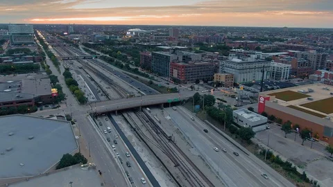 Aerial: Freeway rush hour traffic on the 290 Freeway. Chicago, Illinois, USA Stock Footage 122424744