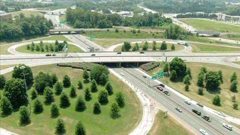 Aerial: Freeway traffic interchange, Winston-Salem, North Carolina, USA Stock Footage 149860167