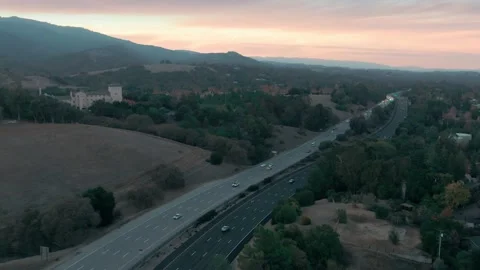 Aerial: Freeway traffic on Interstate 280. Los Altos, Silicon Valley, Stock Footage 161046766
