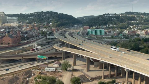 Aerial: Freeway traffic in Pittsburgh, Pennsylvania, USA Stock Footage