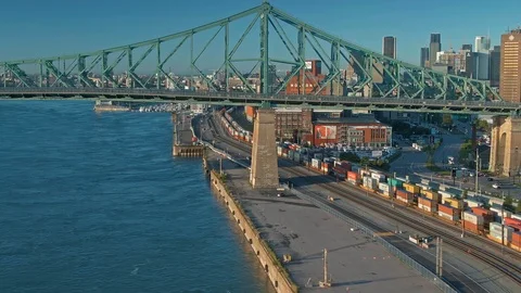 Aerial: Freight train and bridge. Montreal, Quebec, Canada Stock Footage 122114738