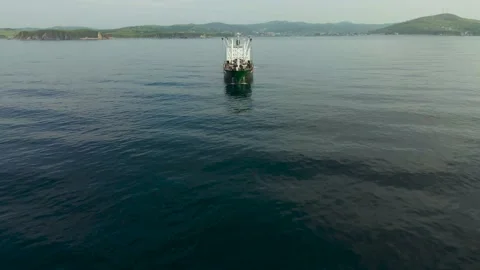Aerial, Front, Above view, Cargo Ship, Morning, Calm Stock Footage 162620053