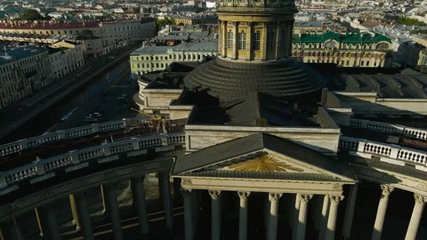 Aerial front, around view of the centre enter dome and colonnade of the Kazan Ca Stock Footage 207314058