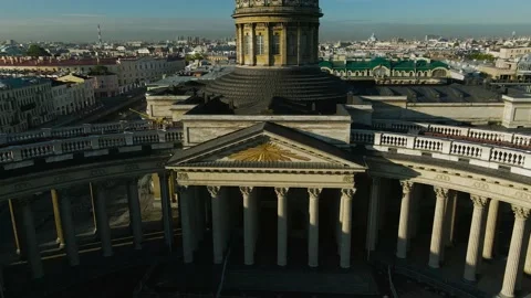 Aerial front, around view of the centre enter dome and colonnade of the Kazan Ca Stock Footage 207314479