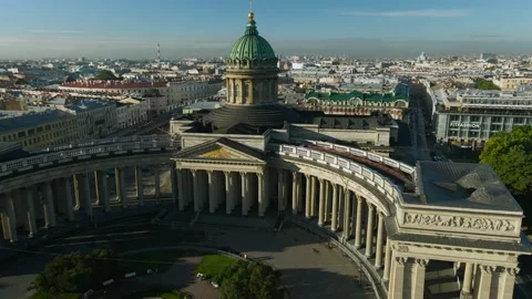 Aerial front, around view of a dome and colonnade of the Kazan Cathedral in the Stock Footage 207318690