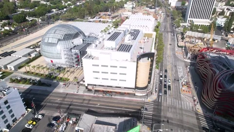 Aerial front to back view of the Sphere Building of the Academy Museum in LA Stock Footage 196028239
