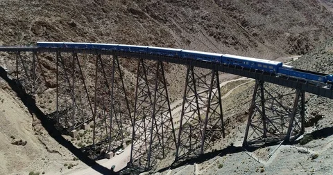Aerial from front to senital view of train driving through bridge at valley 스톡 동영상 126602902