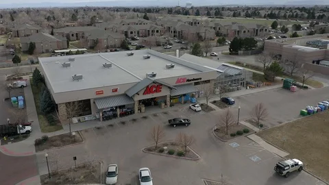 Aerial front view of Ace Hardware store. Stock Footage 106048543
