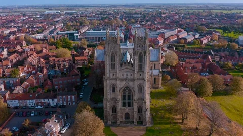 Aerial Front view of Beverley Minster during Fall Autumn 2019, Yorkshire UK Stock Footage 119581270