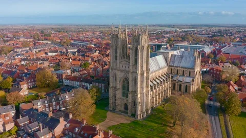 Aerial Front view of Beverley Minster during Fall Autumn 2019, Yorkshire UK Stock Footage 119581397