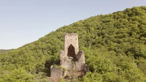 Aerial front view Chekili Tower. Hidden Medieval Outpost in Kakheti, Georgi.. Stock-Footage 309201388