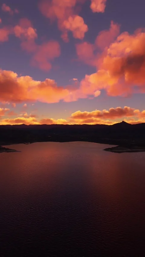 Aerial front view at sunset of Lake Isabella in California. United States Video stock 284489227