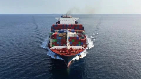 Aerial front view tracking of a very large container cargo ship Stock Footage 262071917