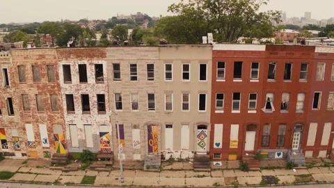 Aerial, frontal, Baltimore Row Homes Stock Footage