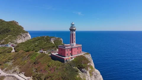 Aerial Frontal View Punta Carena Lighthouse Capri Island Blue Sky Italy Stock Footage 337817754