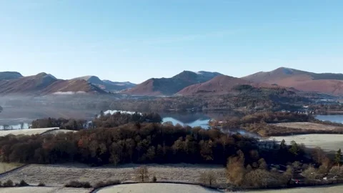 Aerial Frosty Lake & Mountains Stock Footage