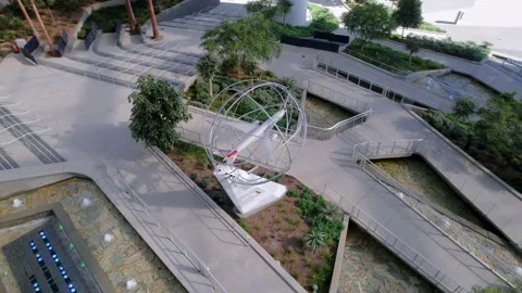 Aerial Full View of the SoFi Stadium Foyer Grand Entrance around AA Statue 스톡 동영상 200871007