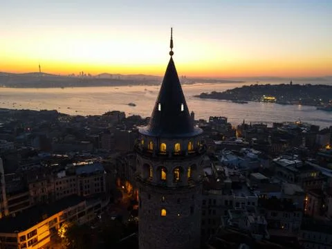 Aerial Galata Tower at sunrise Stock Photos