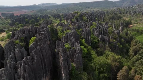 Aerial geological scenery of Stone Peak Forest, Kunming, Yunnan China Stock Footage 307374553