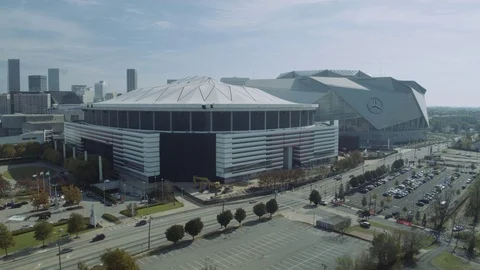 Aerial Georgia Dome and Mercedes Benz Stadium Establishing Atlanta Stock Footage
