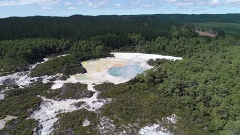 Aerial of geothermal hot spring area - New Zealand, Rotorua, Waiotapu Stock Footage