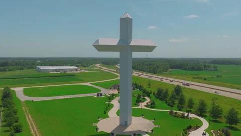 Aerial Giant Cross Monument Grounds and Interstate Effingham Illinois Stock Footage 346791628