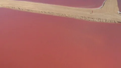 AERIAL Girl walking on sandy beach viewing amazing salinas in vibrant pink color Stock Footage