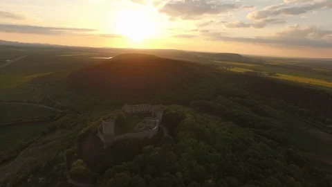 Aerial of Gleichen Castle during sunset Stock Footage 116202754