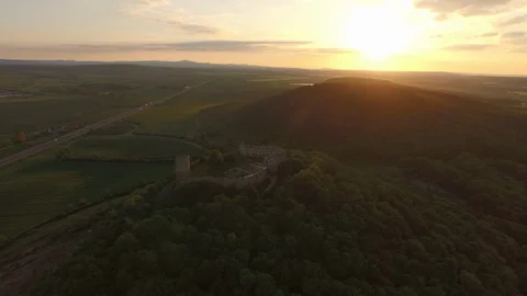 Aerial of Gleichen Castle during sunset Stock Footage 116202903