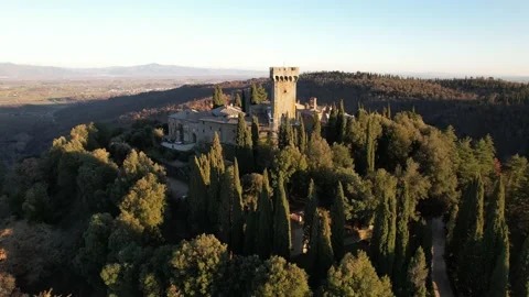 Aerial going up drone view Gargonza Castle Tuscany Italy 스톡 동영상 168541103
