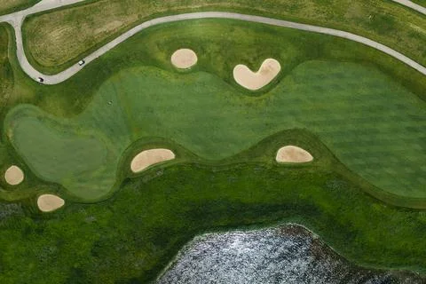 Aerial Golf Course Layout with Sand Bunkers Stock Photos