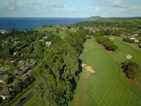 Aerial golf course luxury resort Kauai Hawaii 4K Stock Footage