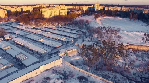 Aerial Grass surface with snow on field of football stadium Stock Footage 74167738