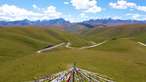 Aerial Grassland Prayer Flag Array Scenery Qinghai China Video stock 336699480