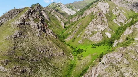 Aerial : Green Rocky Mountains in Altai Mountains Stock Footage