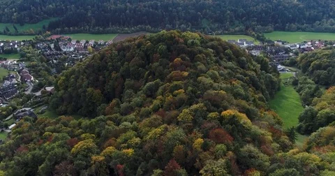 Aerial green view of forest with fall colors, farm land, trees and town. Zurich 스톡 동영상 80877129