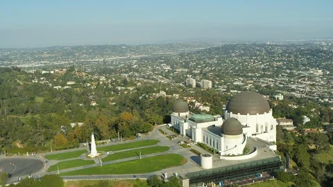 Aerial of Griffith Observatory on sunny day during corona quarantine, USA 2020 Stock Footage 135347341