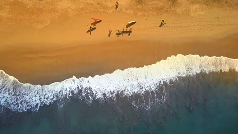 AERIAL: Group of friends carrying surfboards and longboards along sandy beach Stock Footage