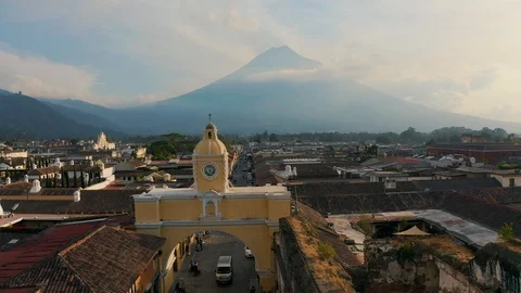 Aerial Guatemala Antigua Volcano Sunset Drone South America Spanish Culture Stock Footage