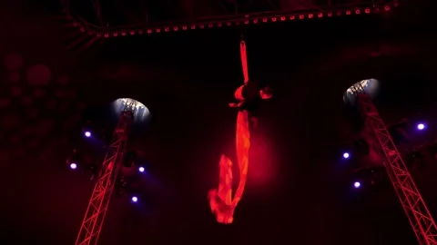An aerial gymnast performs tricks on the fabric under the dome of the circus. Stock Footage 309084970