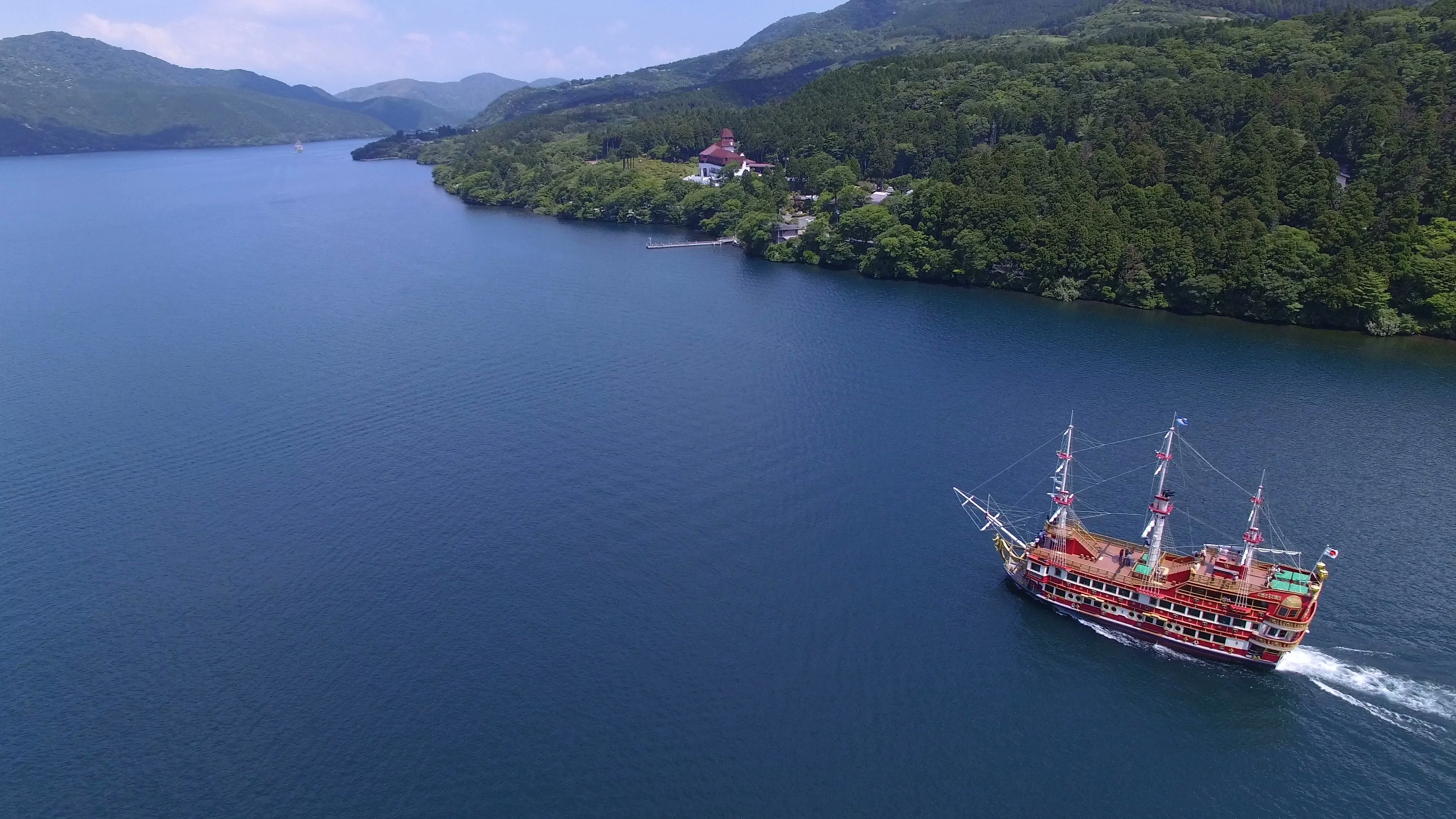 Aerial Hakone Pirate Ship Ferry On Lake Stock Video Pond5