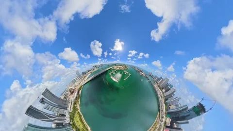Aerial half tiny planet Downtown Miami Biscayne Bay by the city Video stock 335662801