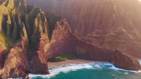 Aerial Hawaiian Coastal Cliffs at sunset Stock Footage