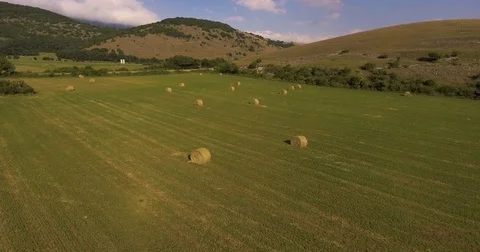 Aerial, hay rolls on the field in mountains in Italy, 4K Video stock 80678459