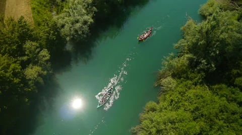 Aerial HD: Canoes with Sun Reflection on the River 動画素材 44907601