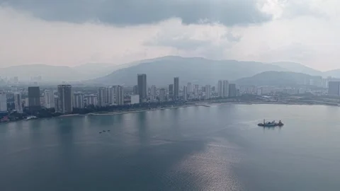Aerial Heavy Engineering Barge Offshore Near Penang Waterfront City Vídeos de archivo 345835090