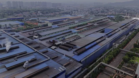 Aerial Heavy Industry Complex Gloomy Overcast Factory Push In Stockbeeldmateriaal 341274152