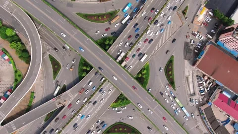 Aerial Heavy Traffic on Complex Urban Highway Interchange Stock Footage 342235606