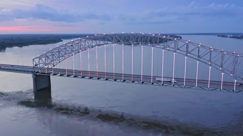 Aerial: Hernando de Soto Bridge and Memphis at sunset, Tennessee, USA Stock Footage 125731004