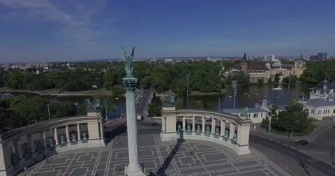 Aerial. Heroes Square - the largest square in Budapest. 4K Stock Footage 54694524